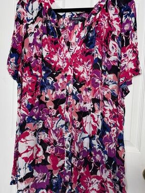 Roaman's 24W Floral Button-Front Tunic in Pink, Purple & Black